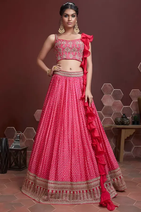 Pink silk lehenga with Swarovski, digital print and heavy embroidery by Khaish