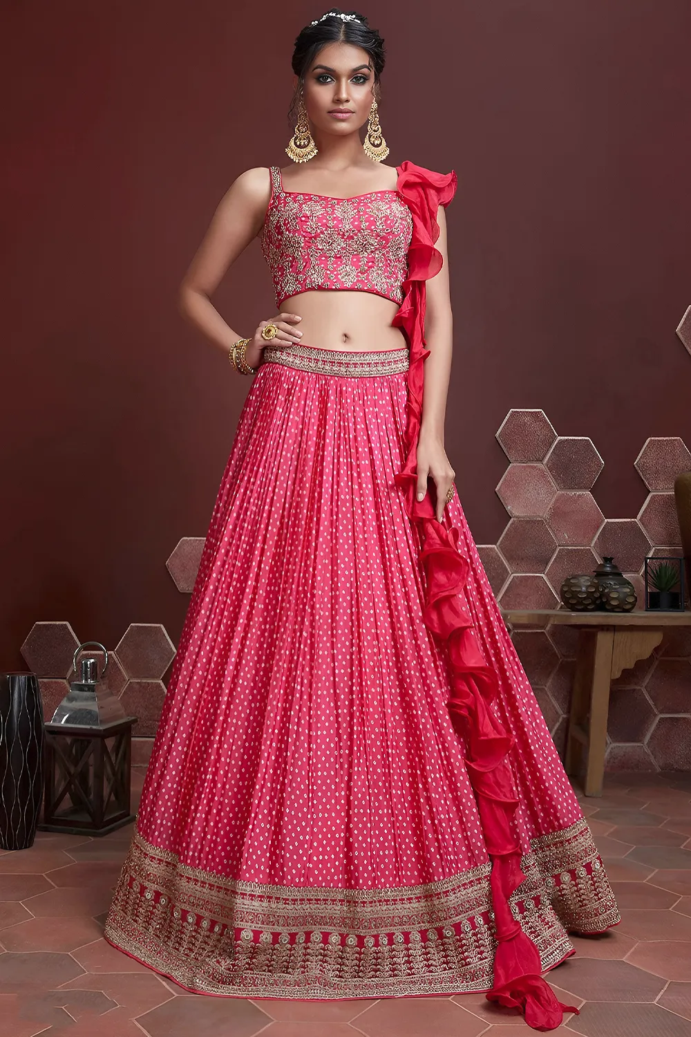 Pink silk lehenga with Swarovski, digital print and heavy embroidery by Khaish