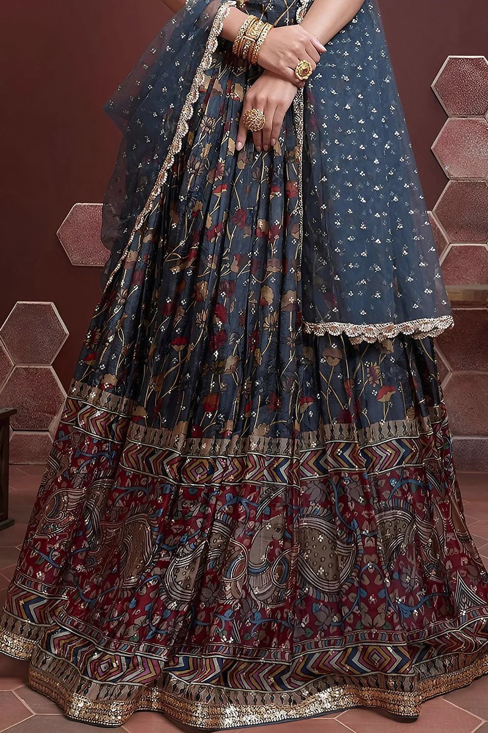 Blue silk lehenga hem with Swarovski and digital print detailing