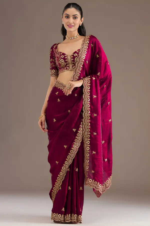 Maroon tissue silk saree for bride with sequins and zari work by Khaish