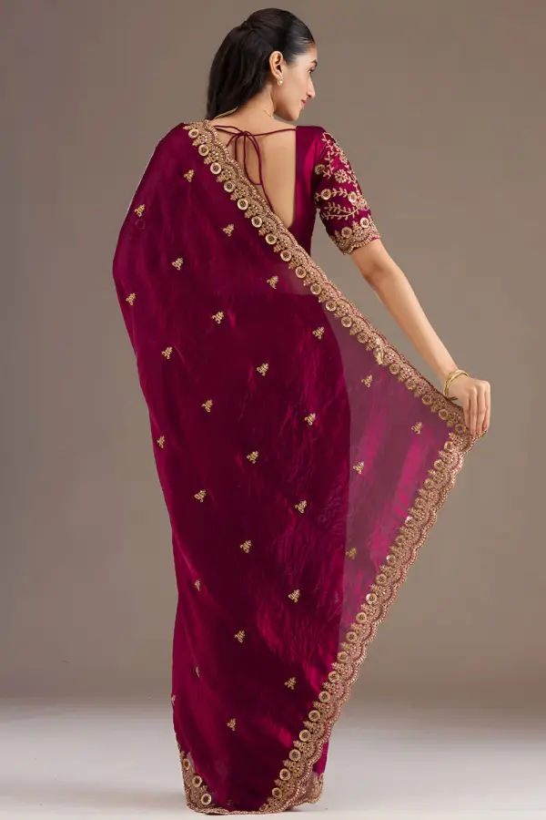 Back view of maroon tissue silk saree with embroidery