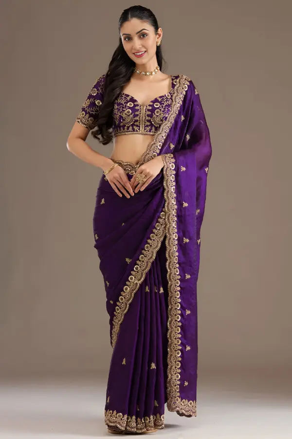 Purple tissue silk saree for cocktail with sequins and zari work by Khaish