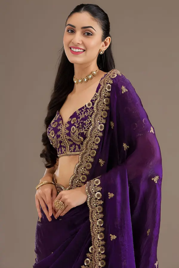 Close up of sequins, zari, diamond and pearl work on purple saree