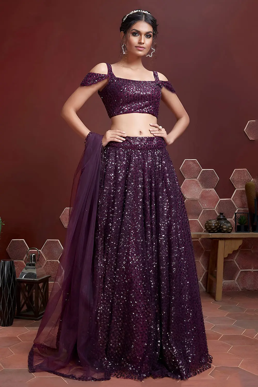 Purple silk lehenga with Swarovski, digital print and heavy embroidery by Khaish