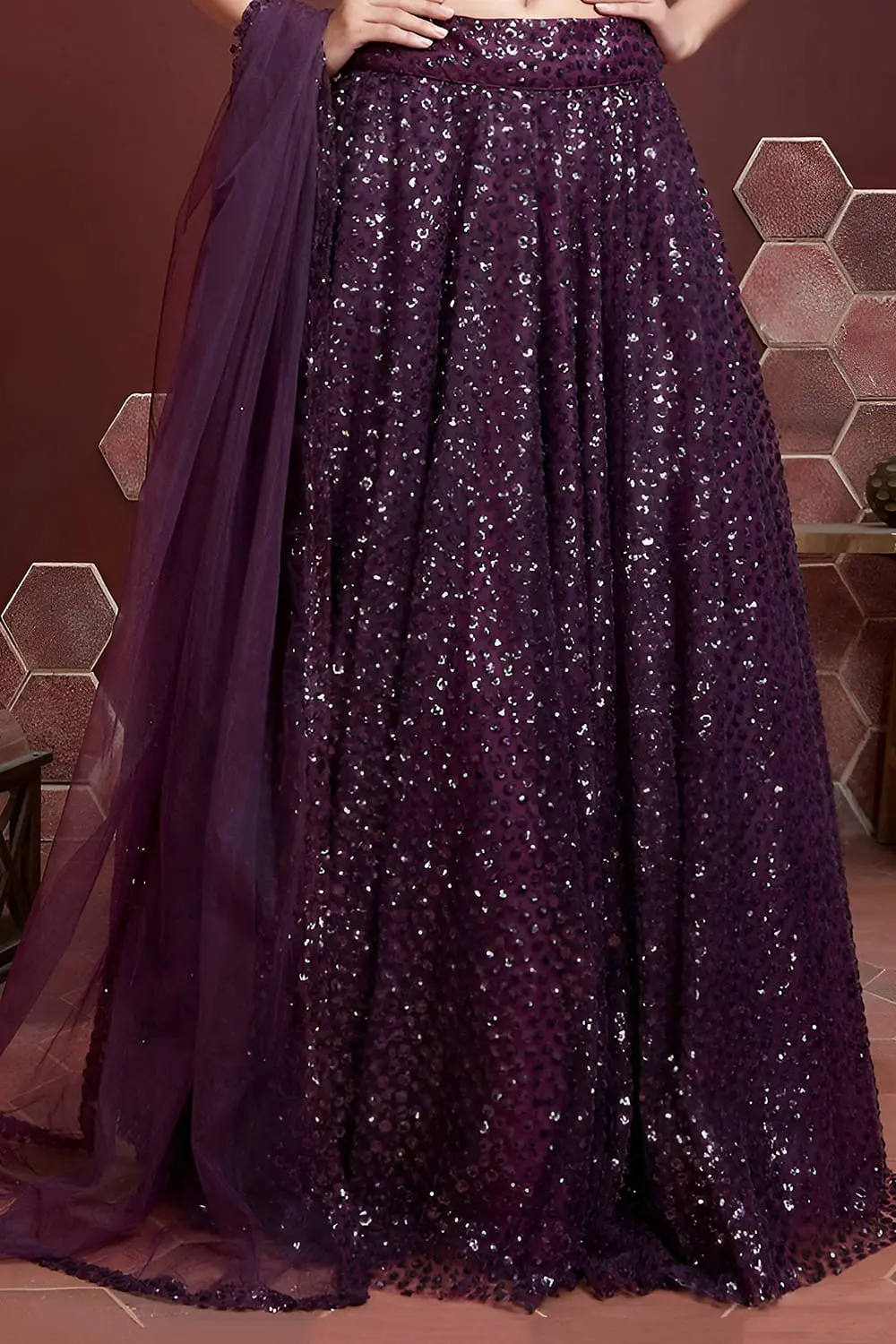 Purple silk lehenga hem with Swarovski and digital print detailing