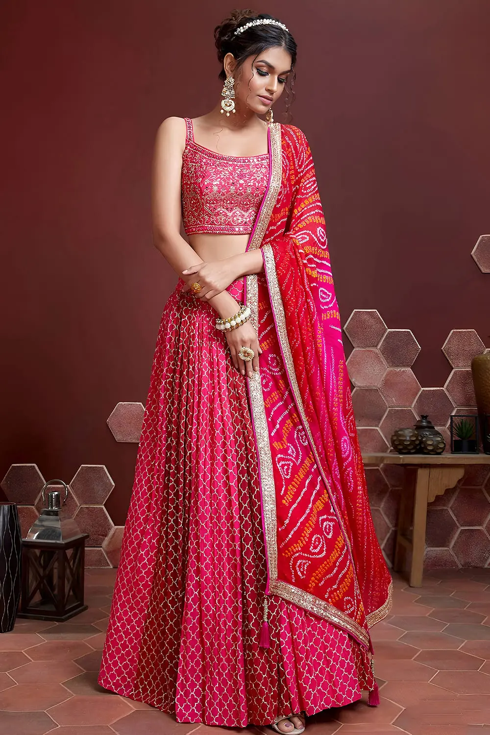 Pink Swarovski lehenga for wedding in silk with digital print and embroidery by Khaish