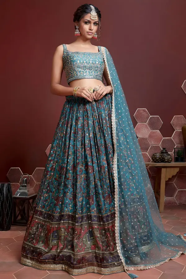 Sky blue Swarovski lehenga choli in silk with digital print and embroidery by Khaish