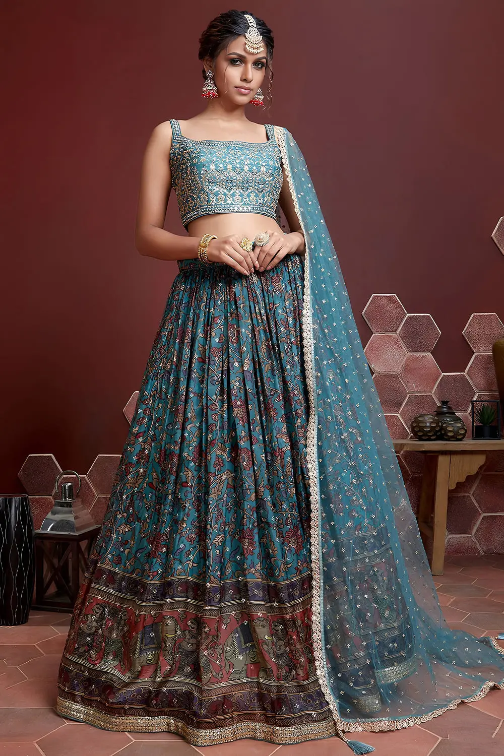 Sky blue Swarovski lehenga choli in silk with digital print and embroidery by Khaish