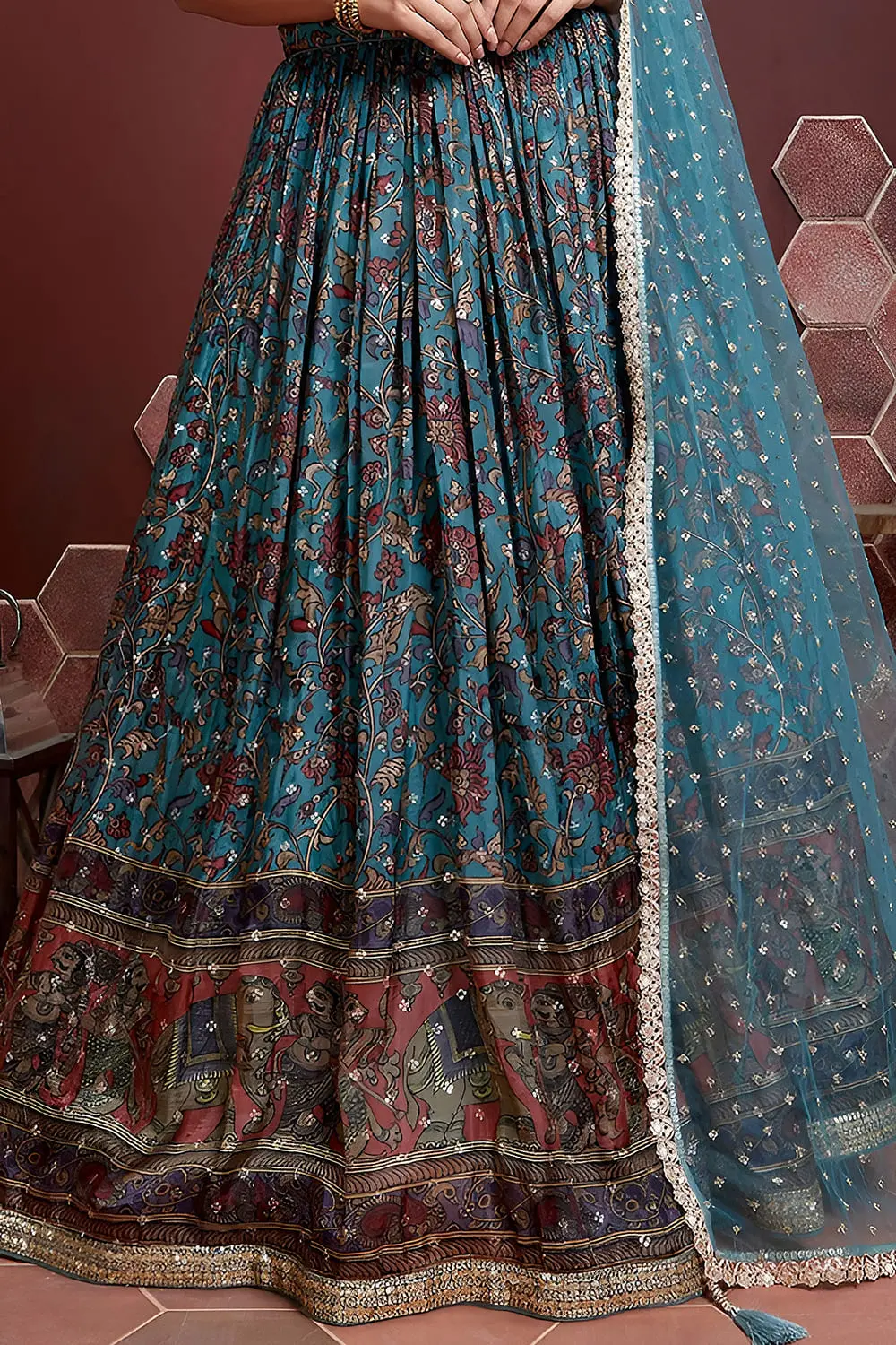 Sky blue silk lehenga hem with Swarovski crystals and digital print