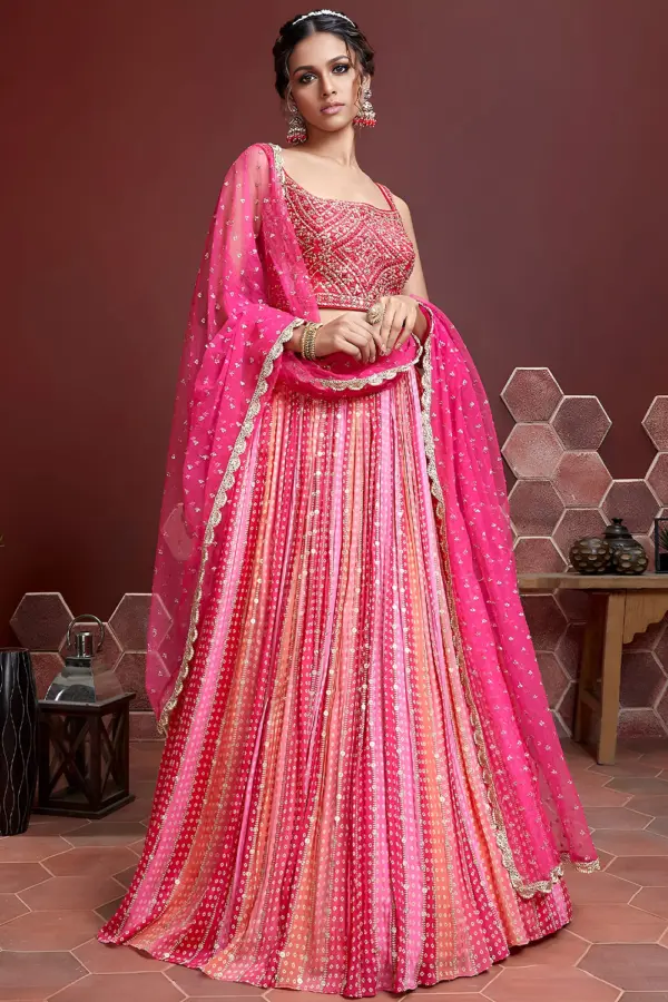 Pink crystal lehenga for reception in silk with Swarovski and digital print by Khaish