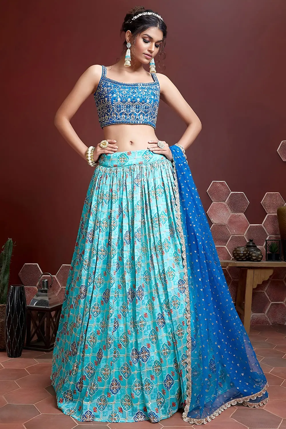 Sky blue silk lehenga for sangeet with Swarovski and digital print by Khaish
