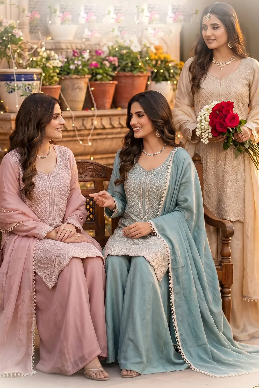 Side-by-side consistency comparison of the same model wearing the sharara kurta set in aqua blue, dusty pink, and beige