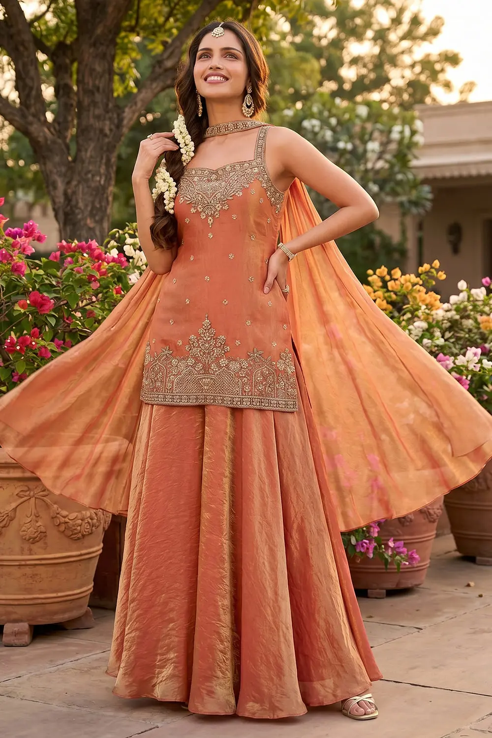 Embroidered orange tora silk palazzo set with matching dupatta