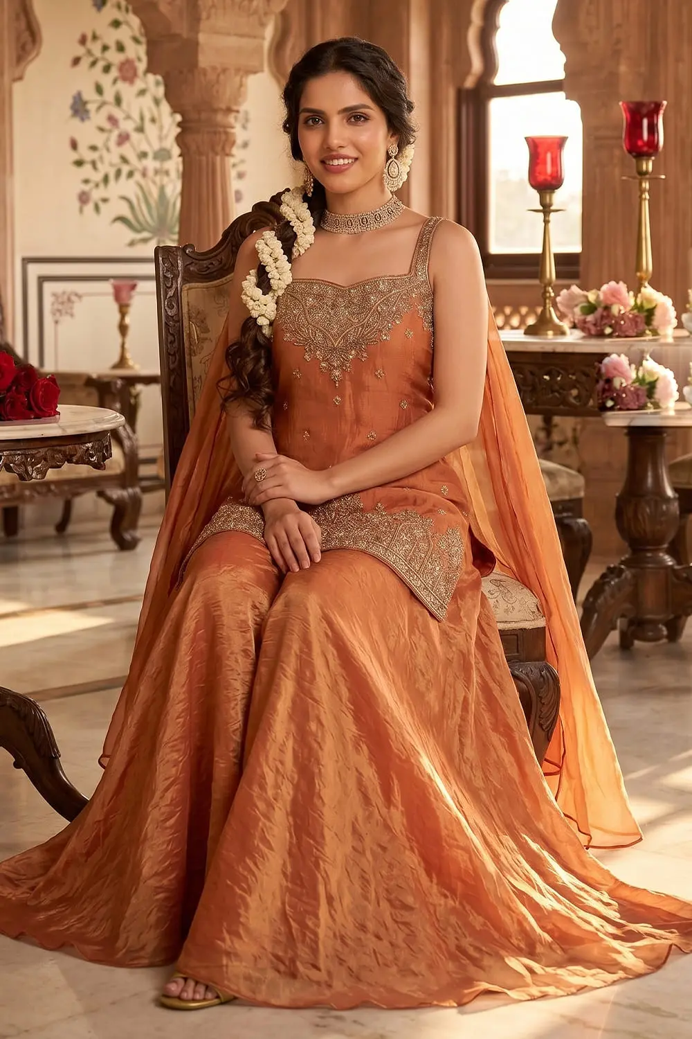 Orange tora silk kurta palazzo set with dupatta seated view