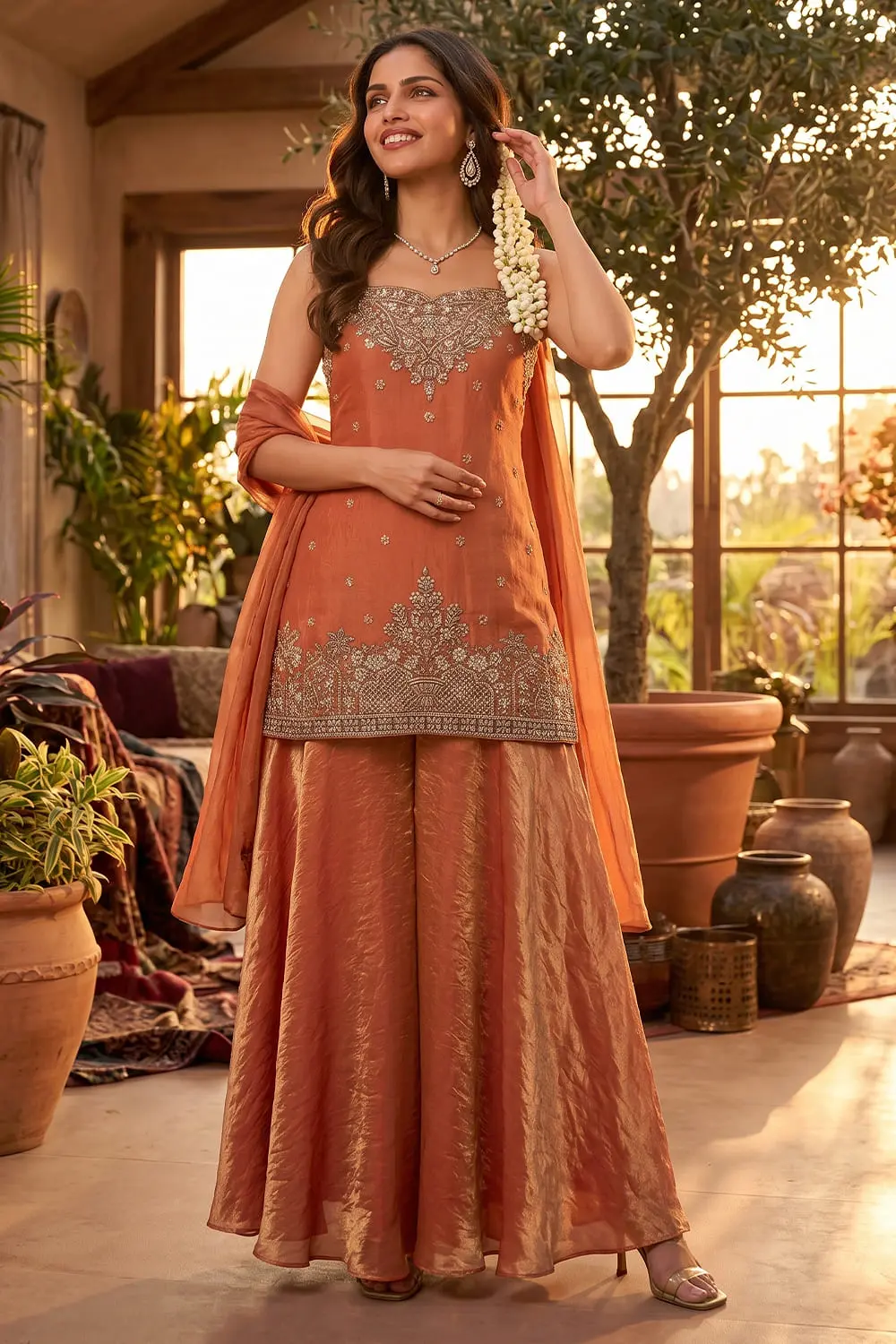 Orange tora silk kurta palazzo set with dupatta full view