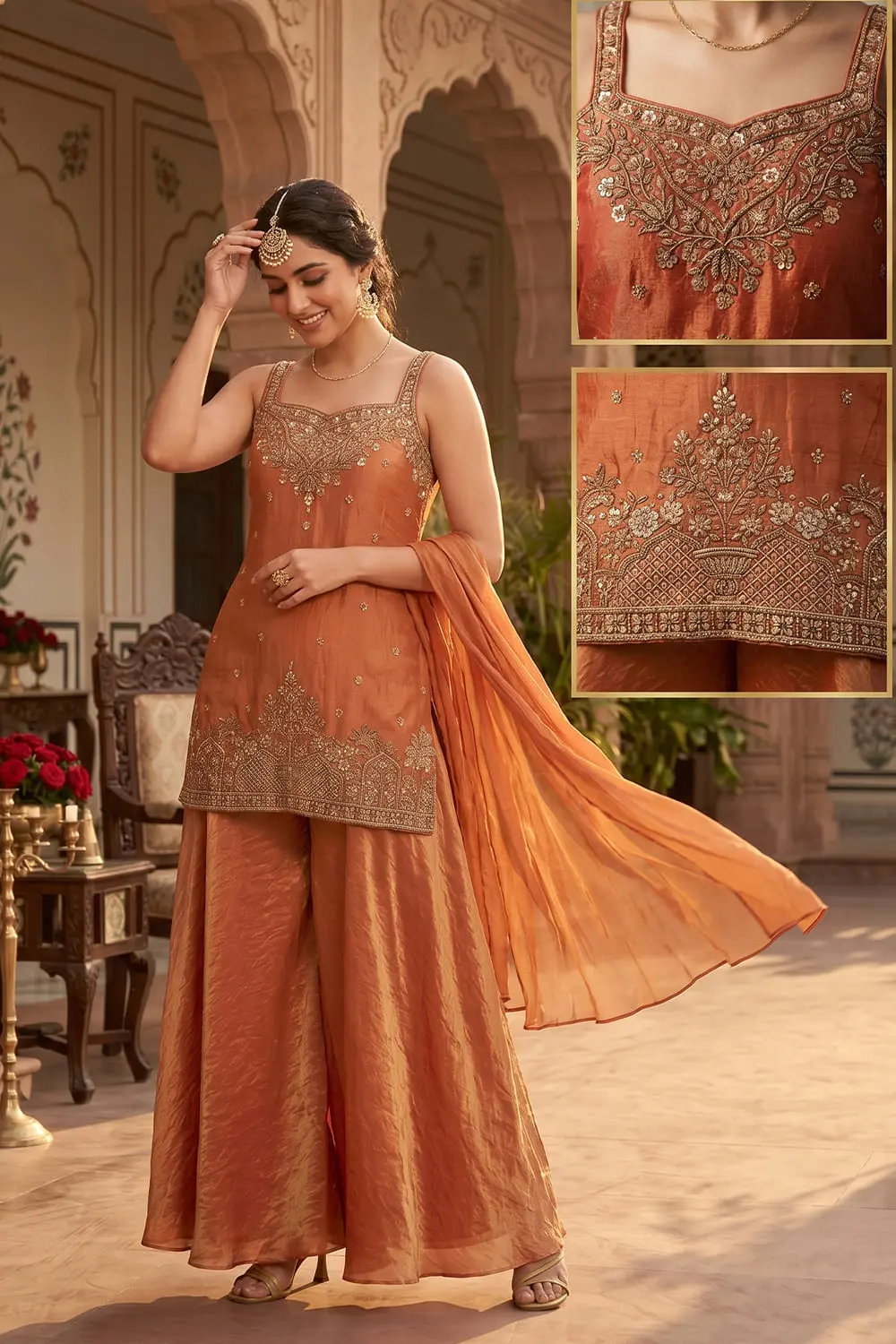 Orange tora silk kurta with handwork and flowing palazzo