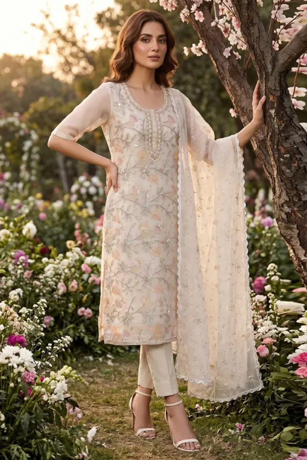 Cream organza kurta set for party with beautiful handwork by Khaish