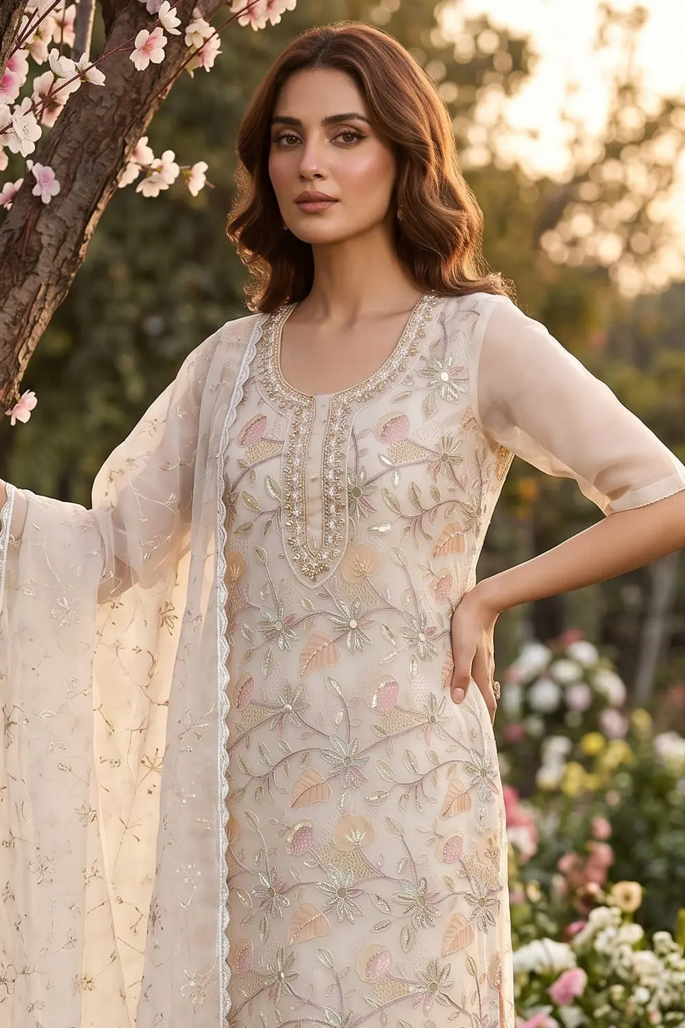 Close up of handwork on cream organza kurta set