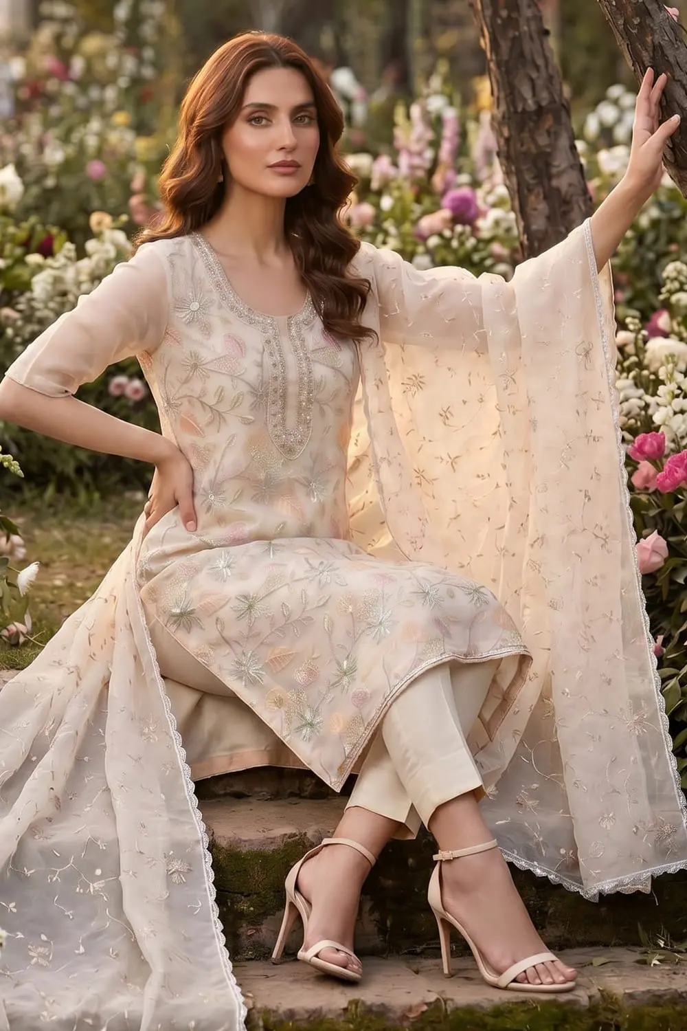 Cream organza kurta set with santoon bottom and dupatta seated view