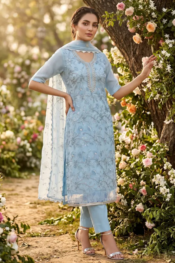 Sky blue organza kurta set for women with delicate handwork by Khaish