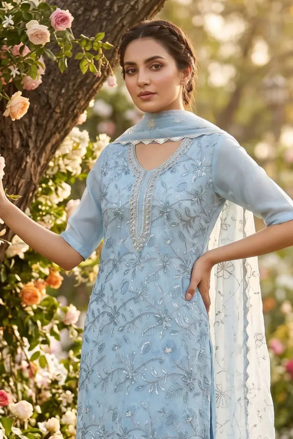 Close up of handwork on sky blue organza kurta set