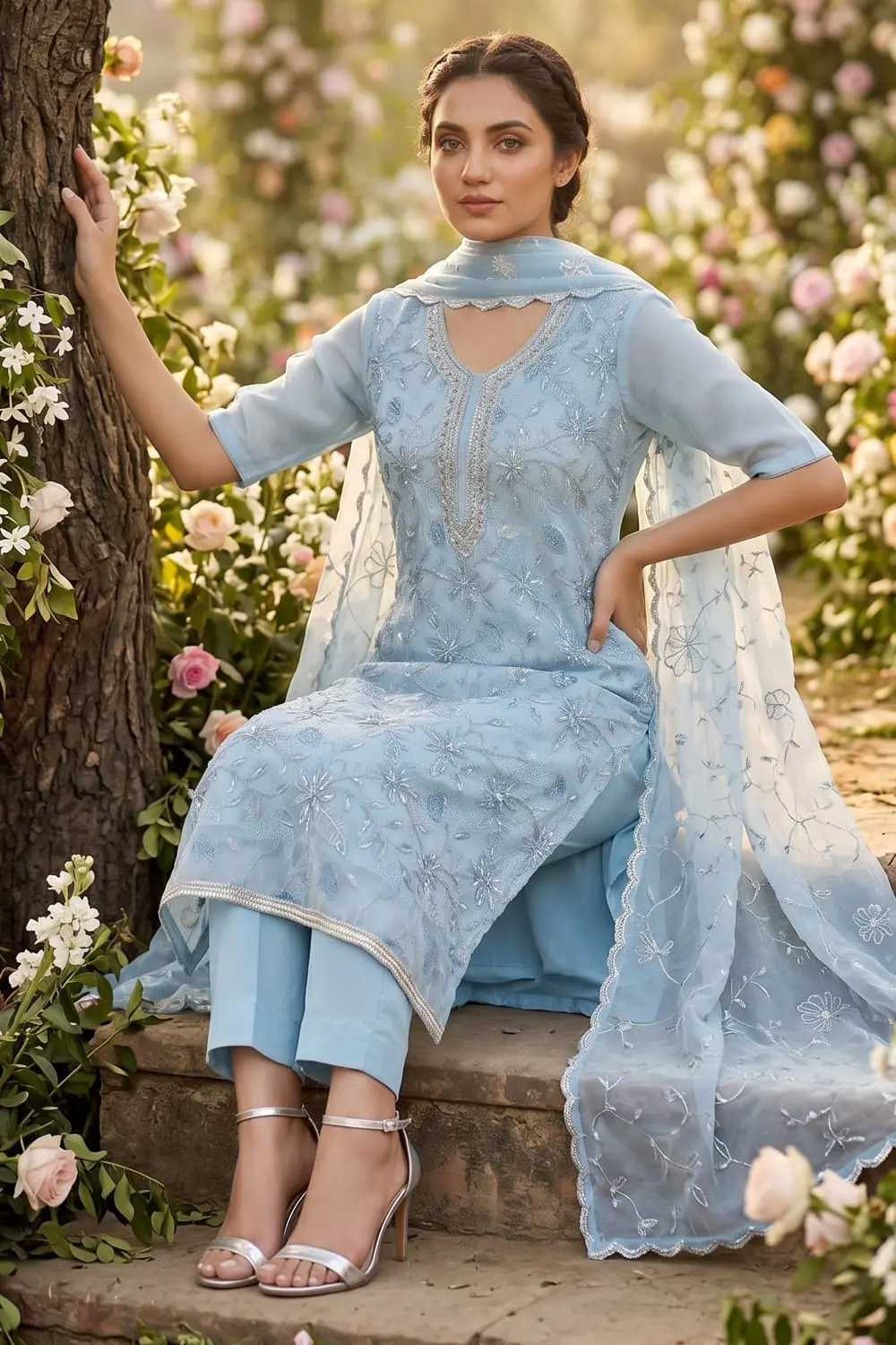 Sky blue organza kurta set with santoon bottom and dupatta seated view