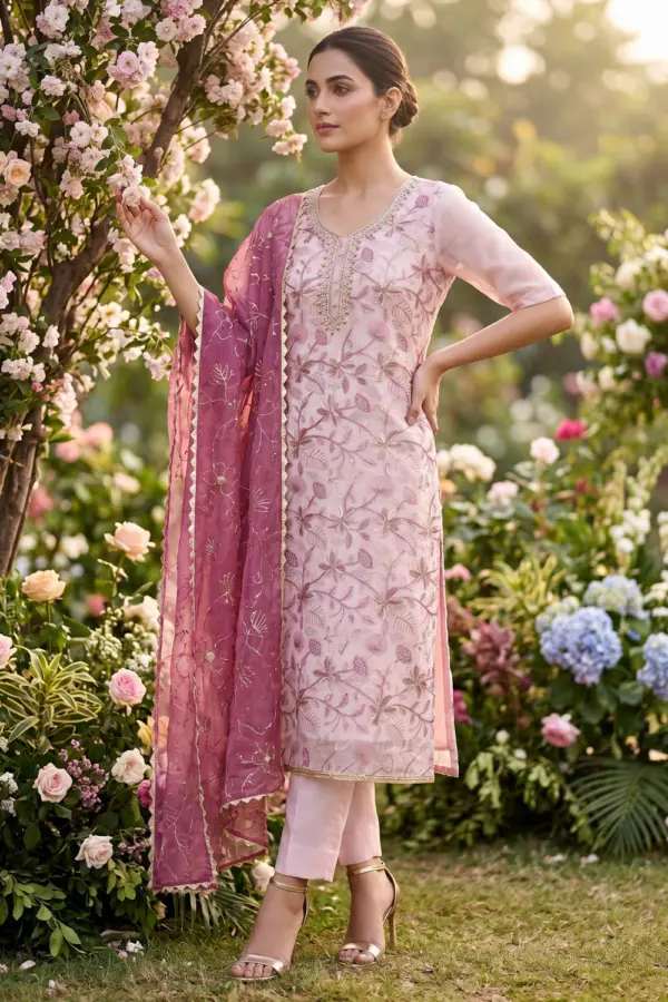 Pink organza kurta set with handwork and santoon bottom by Khaish