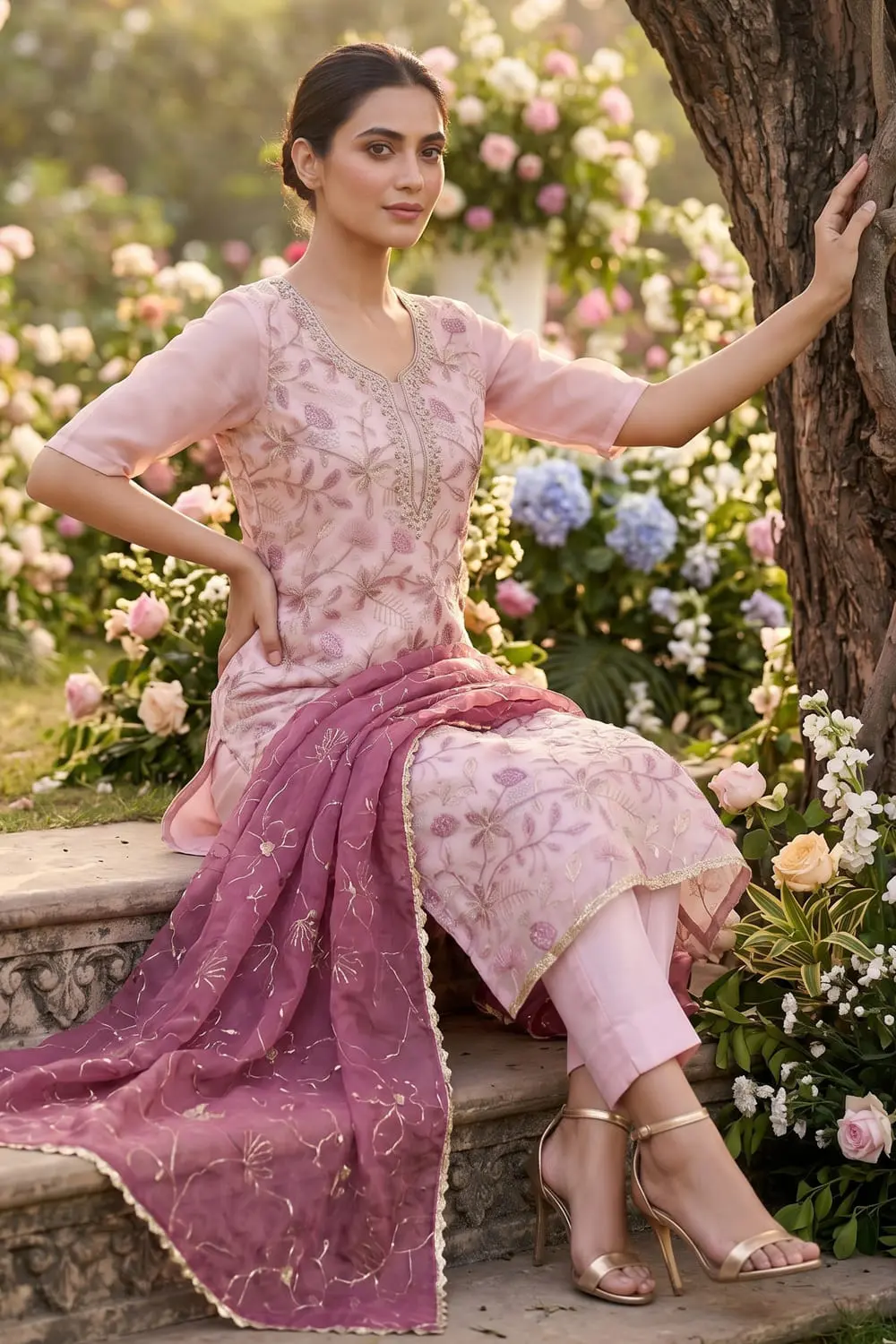 Close up of handwork on pink organza kurta set