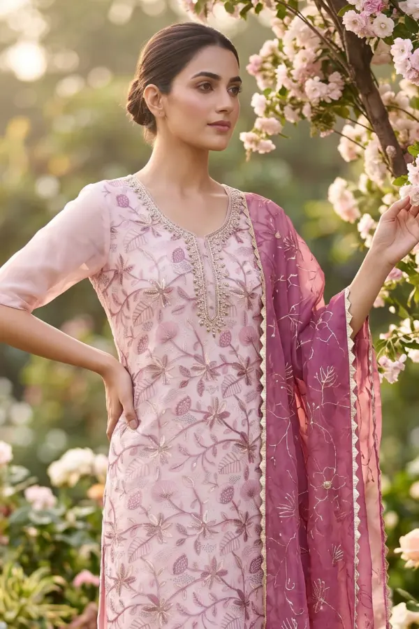Pink organza kurta set with santoon bottom and dupatta seated view