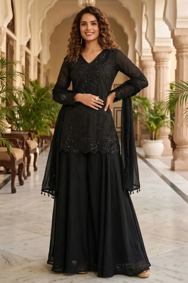 Black kurta palazzo set for party in premium chinon with beads work by Khaish