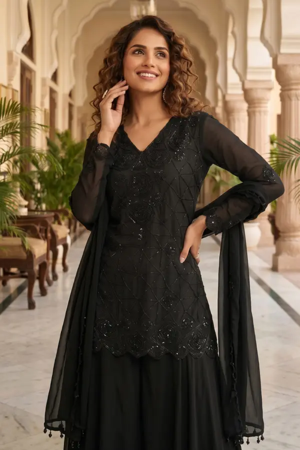 Close up of beads work on black chinon kurta palazzo set