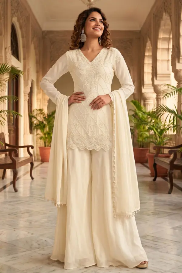 Ivory kurta palazzo set for reception in premium chinon with beads work by Khaish