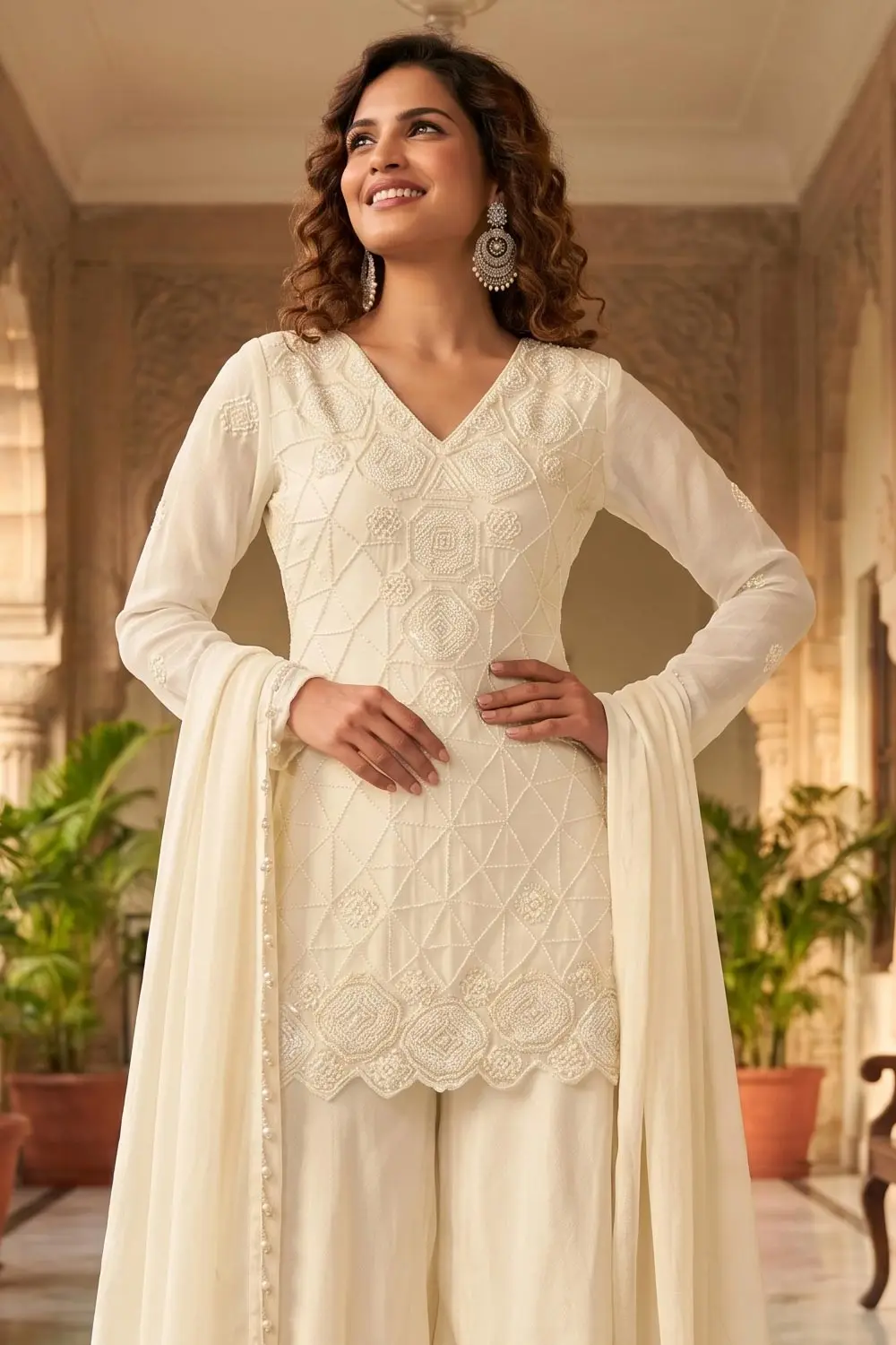 Close up of beads work on ivory chinon kurta palazzo set