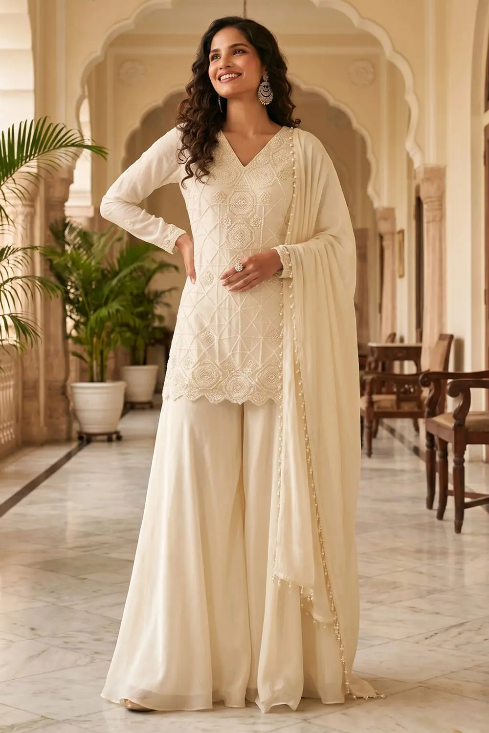 Ivory chinon kurta palazzo set with tassel-border dupatta full view