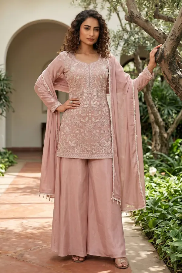 Pink kurta palazzo set with beads work in premium chinon by Khaish