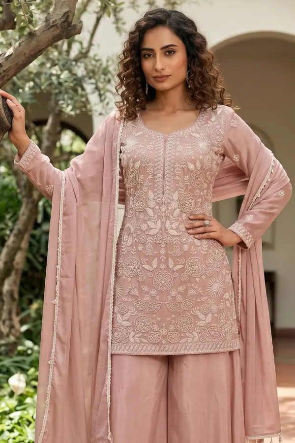 Close up of beads work on pink chinon kurta palazzo set