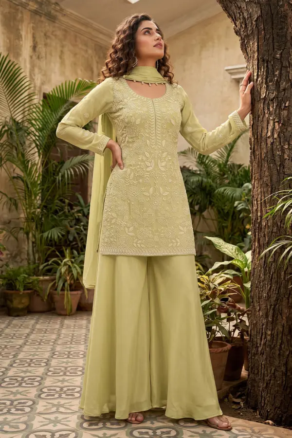 Pistachio green kurta palazzo set for women in premium chinon with beads work by Khaish