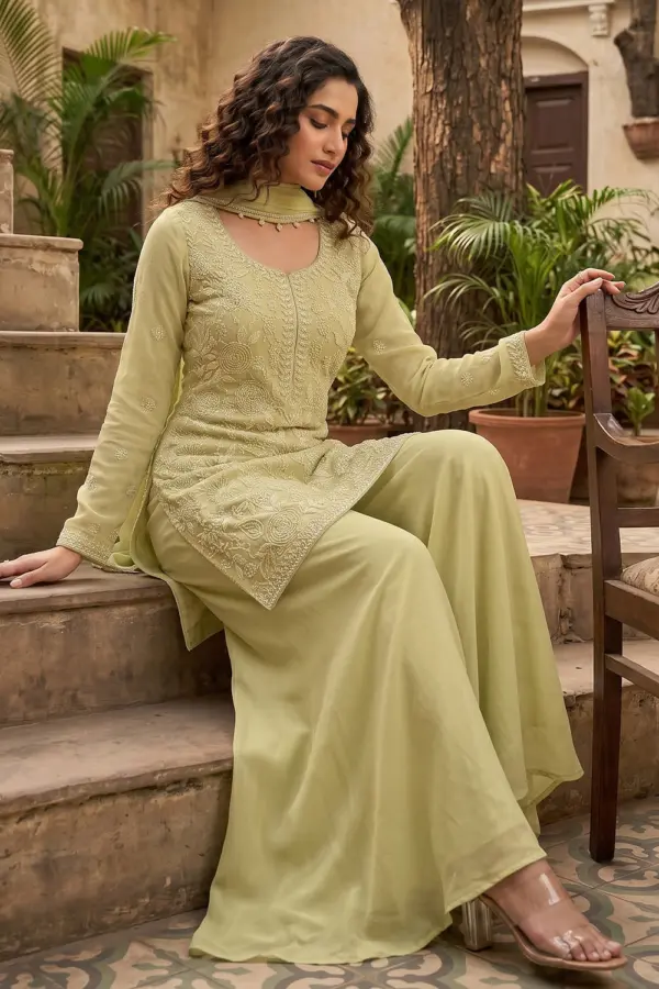 Pistachio green chinon kurta palazzo set with tassel-border dupatta seated view