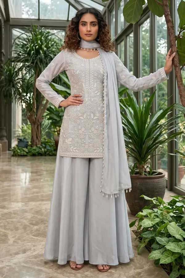 Ivory beaded kurta palazzo set for wedding in premium chinon by Khaish