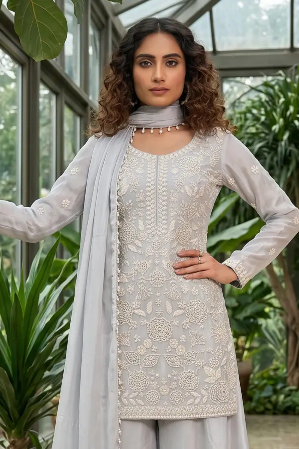 Close up of beaded ivory chinon kurta top with tassel detail