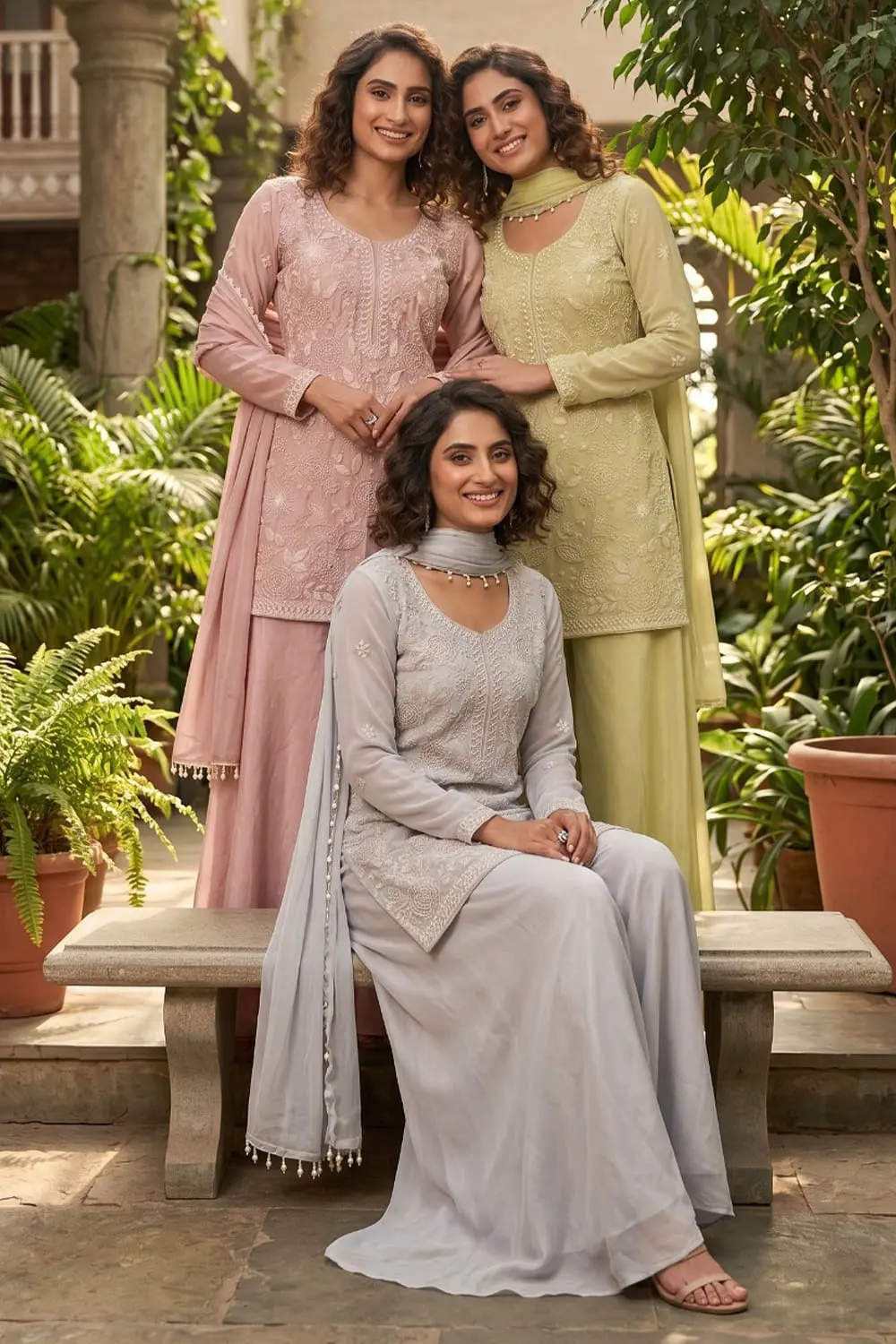 Ivory chinon kurta palazzo set with tassel-border dupatta seated view