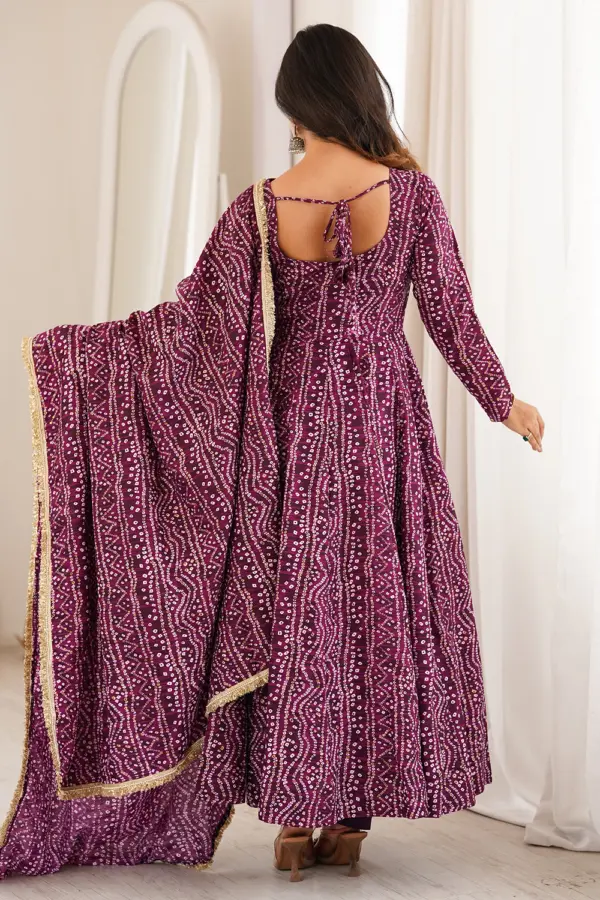 Neckline detail with mirror embroidery on purple anarkali gown
