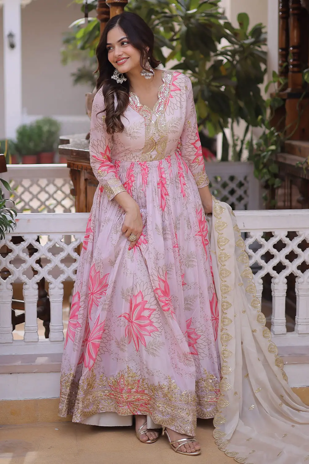 Full sleeve with sequins embroidery on ivory printed silk anarkali