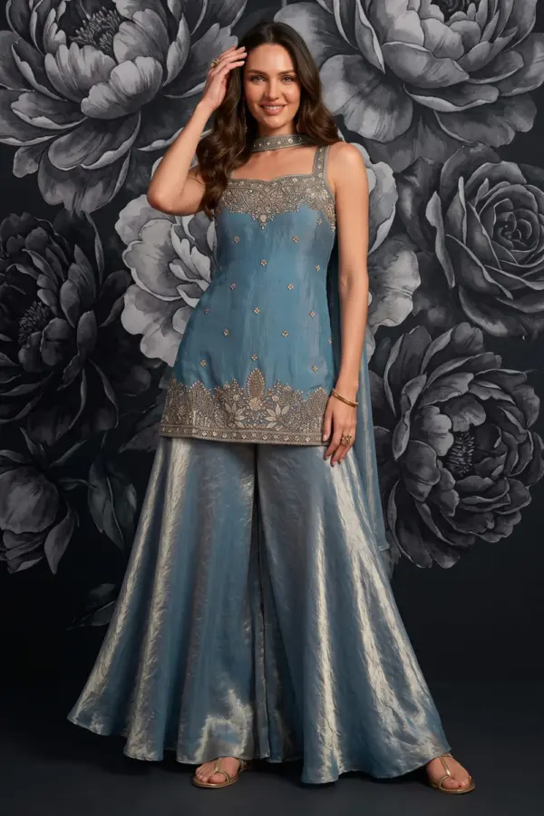 Teal blue tora silk palazzo set for party with handwork and embroidery by Khaish