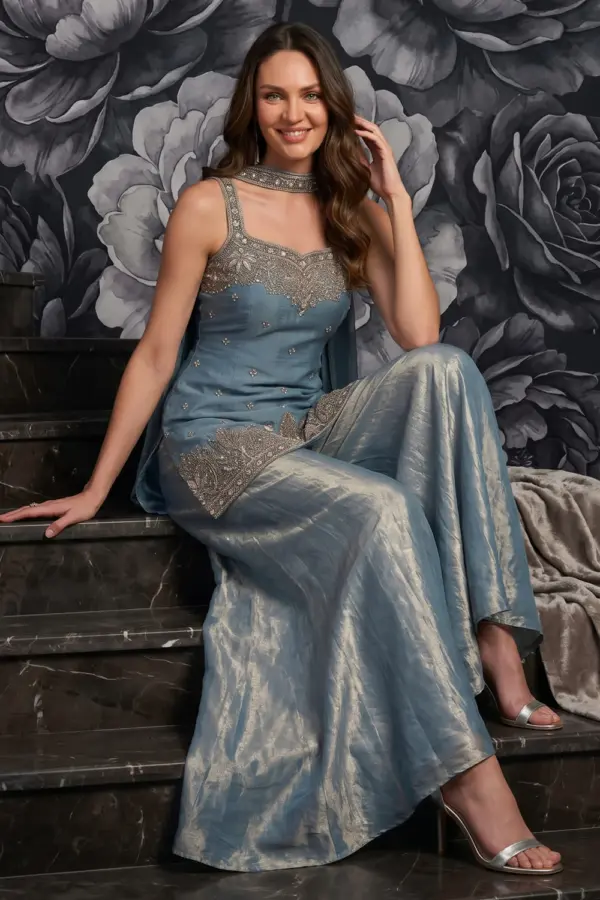 Teal blue tora silk kurta palazzo set with dupatta seated view