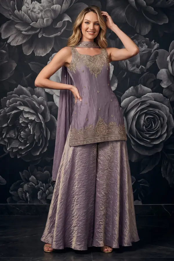 Purple tora silk kurta palazzo set with handwork and embroidery by Khaish