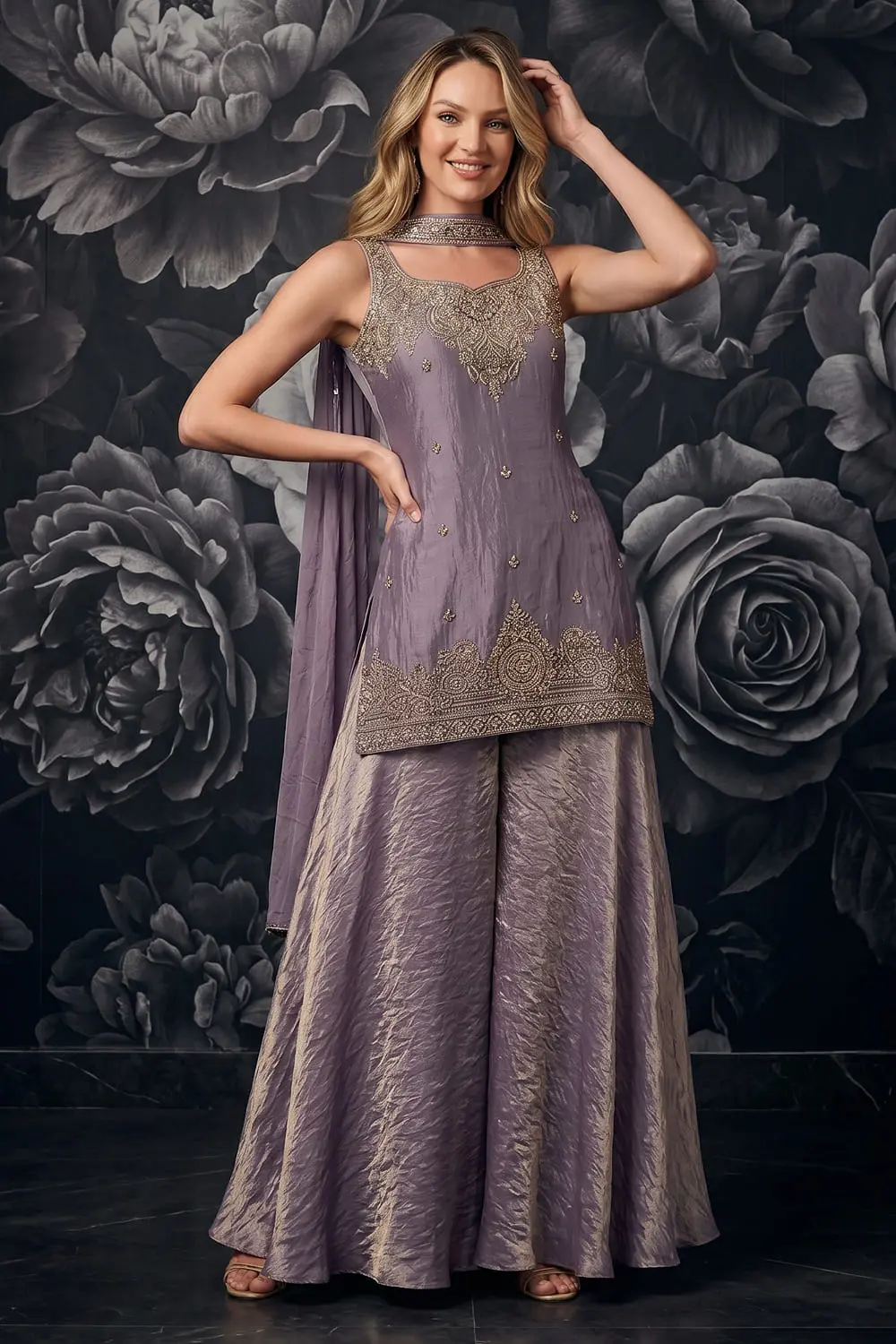 Purple tora silk kurta palazzo set with handwork and embroidery by Khaish