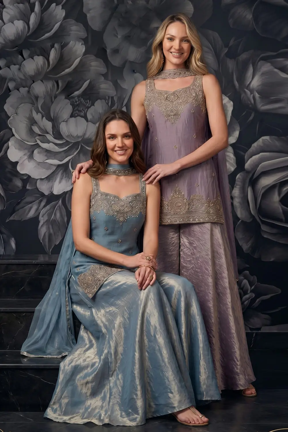 Purple and teal blue tora silk kurta palazzo set colour options