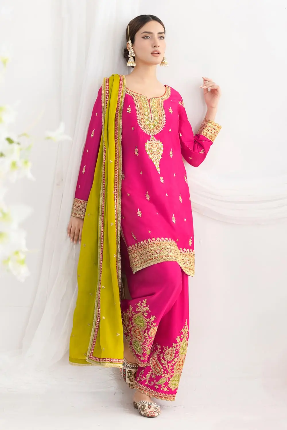 Deep pink salwar kameez for women in chinon with zari lace dupatta by Khaish