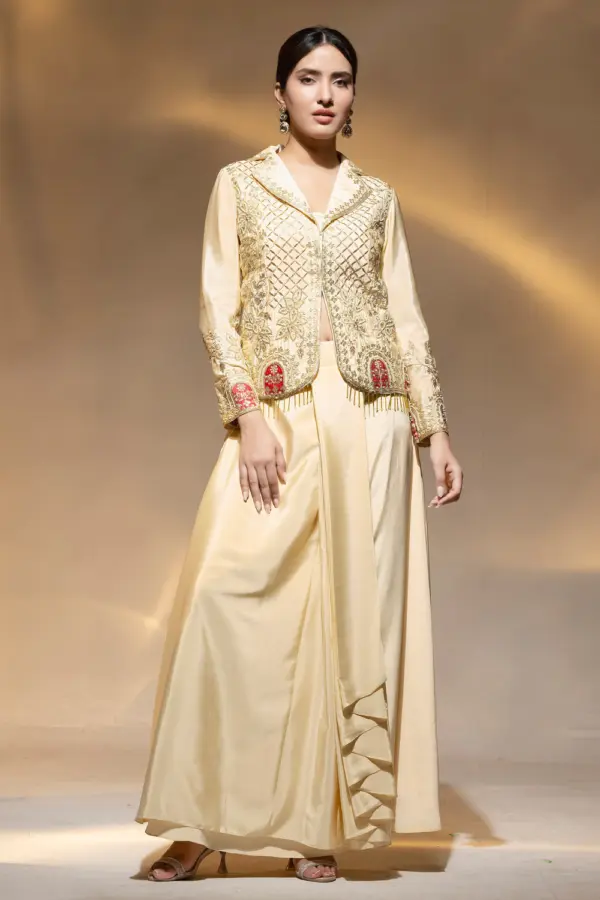 Jacket drape skirt set for women in beige crape by Khaish
